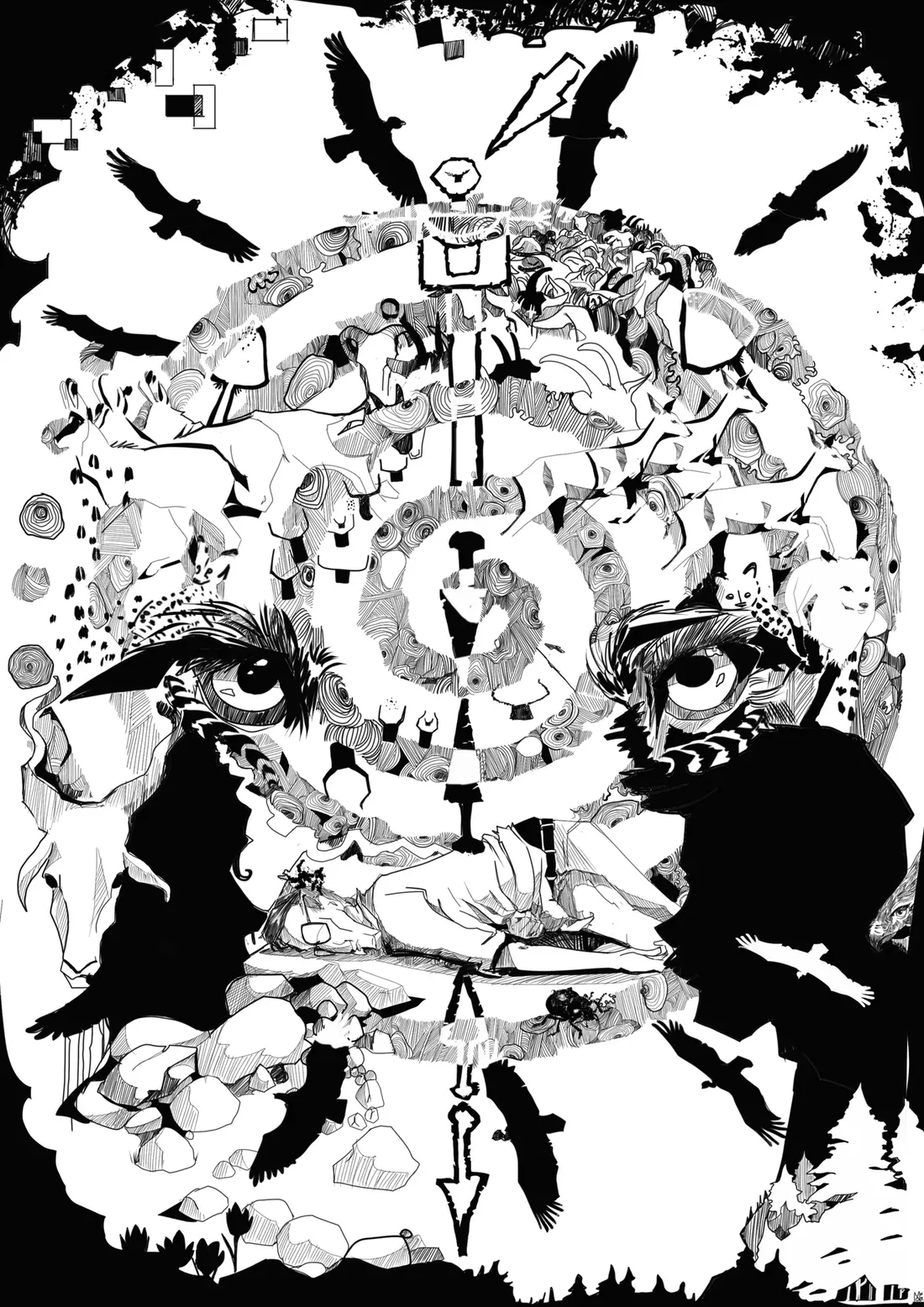 Le rêve chamanique : une tête composée d'éléments dessinés, entourée de corbeaux.
