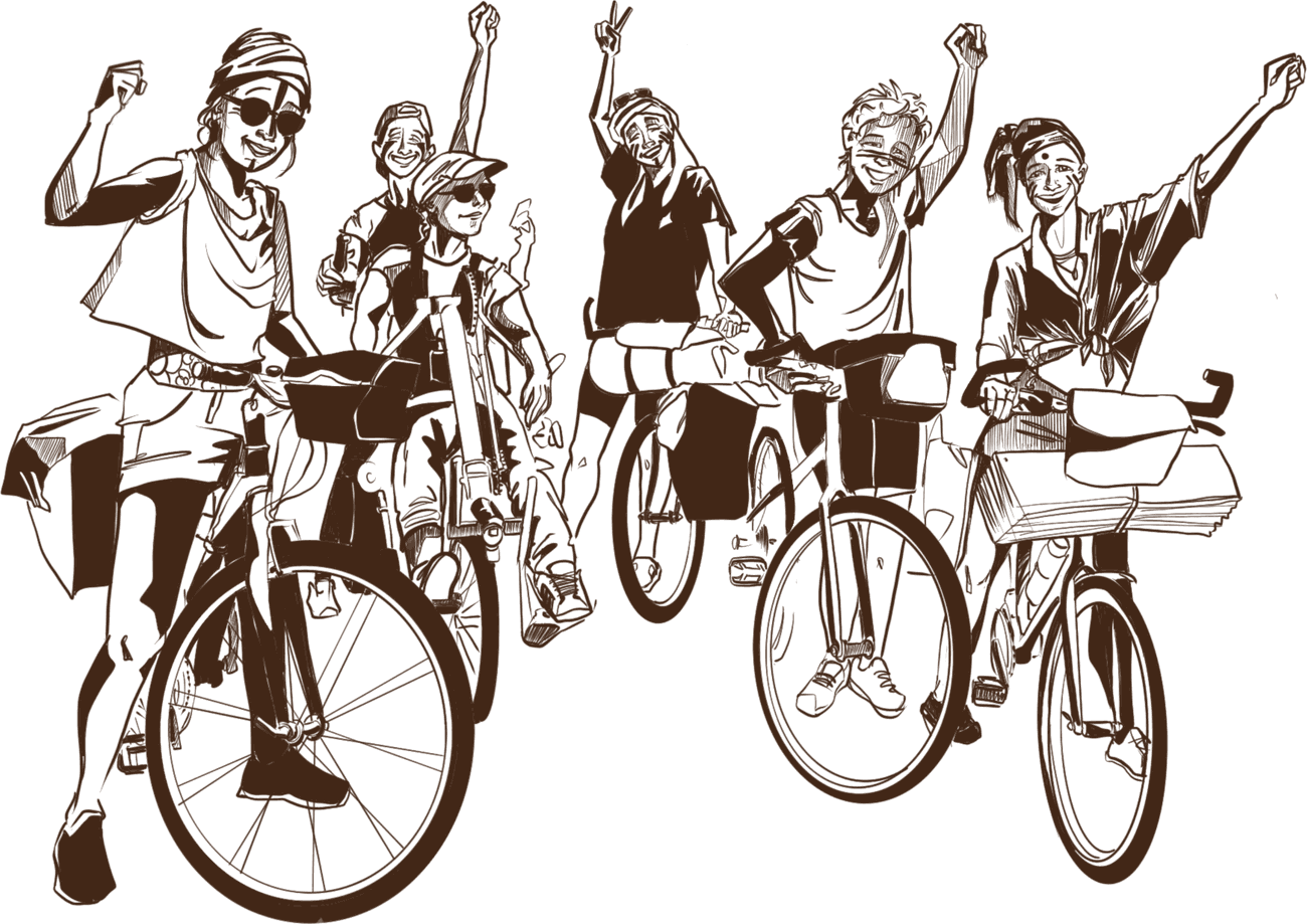 Groupe de cyclistes à l'encre, bras levés.