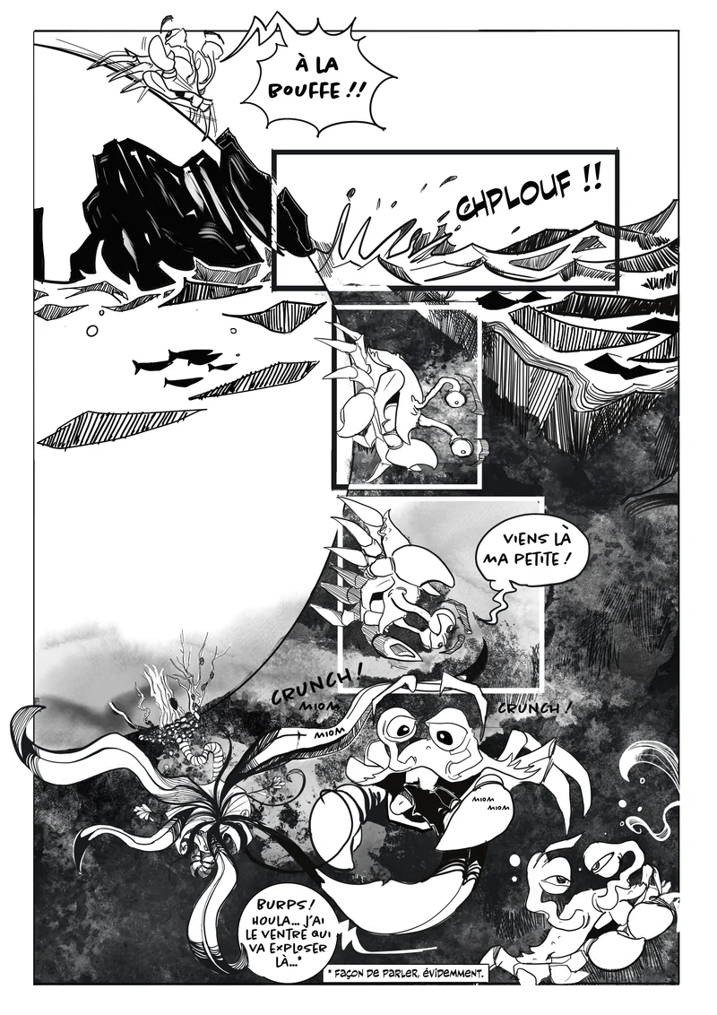 Planche 3 : « À la bouffe ! » Le crabe plonge et croque.