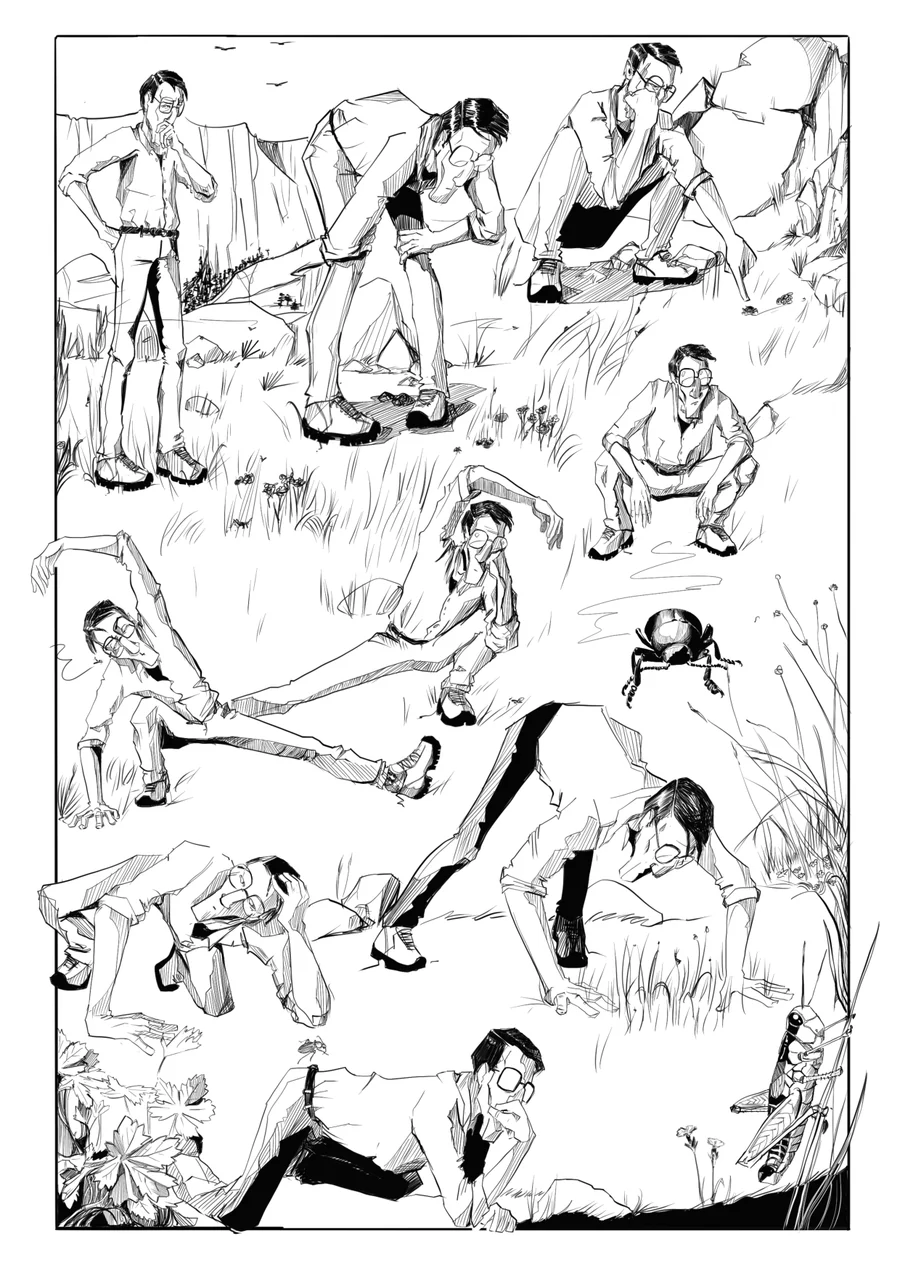 Planche 49 d'À ceux qui viennent : Alain, accroupi, regarde les herbes de près.